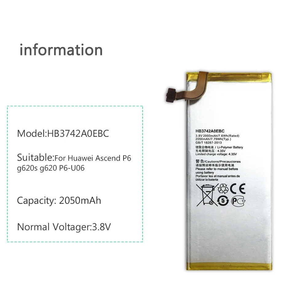 YKaiserin аккумулятор для смартфона HB3742A0EBC 2050 мАч Huawei Ascend P6 U06 c00/Ascend G6 G620 G621 G620s