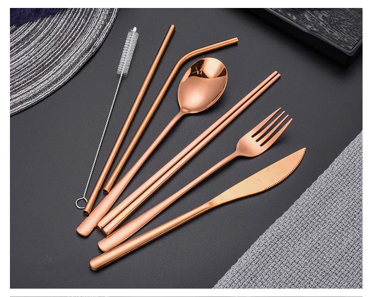rose gold Золотые столовые приборы из нержавеющей стали наборы столовых приборов японские палочки для еды нож вилка ложка набор столовых приборов экологически чистые питьевые соломинки набор посуды - Цвет: rose gold