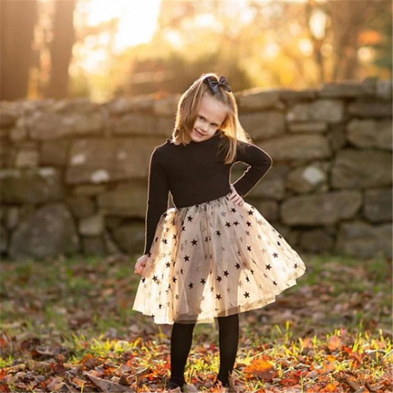 Осенне-зимние вязаные платья для девочек; милое черное бальное платье-пачка в стиле пэчворк с длинными рукавами для маленьких девочек; От 2 до 7 лет