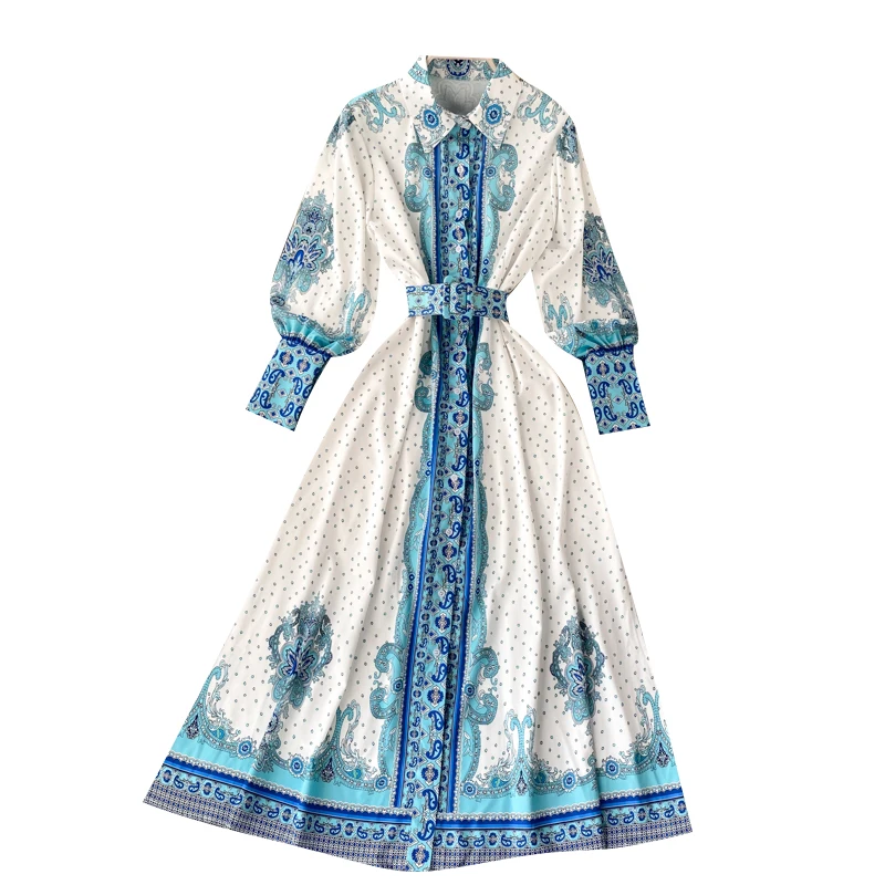 Spring And Autumn Women's Dress Retro Palace Style With Puffy Sleeves Belt Temperament Holiday