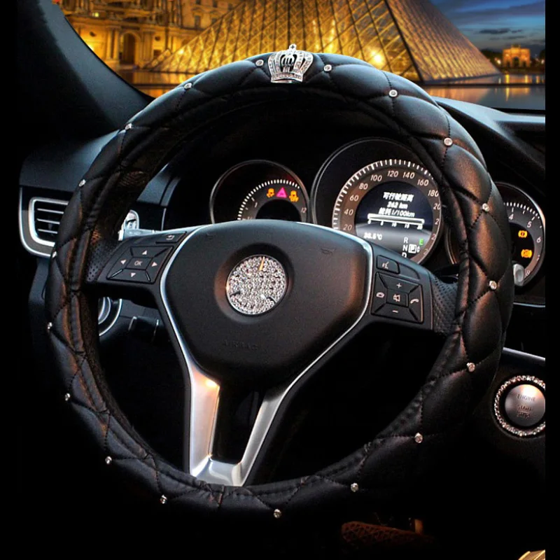 Steering wheel cover Универсальный чехол для рулевого колеса автомобиля Bling из искусственной кожи, со стразами и кристаллами, украшение для салона автомобиля с кристаллами, аксессуары черного цвета - Название цвета: Steering wheel cover