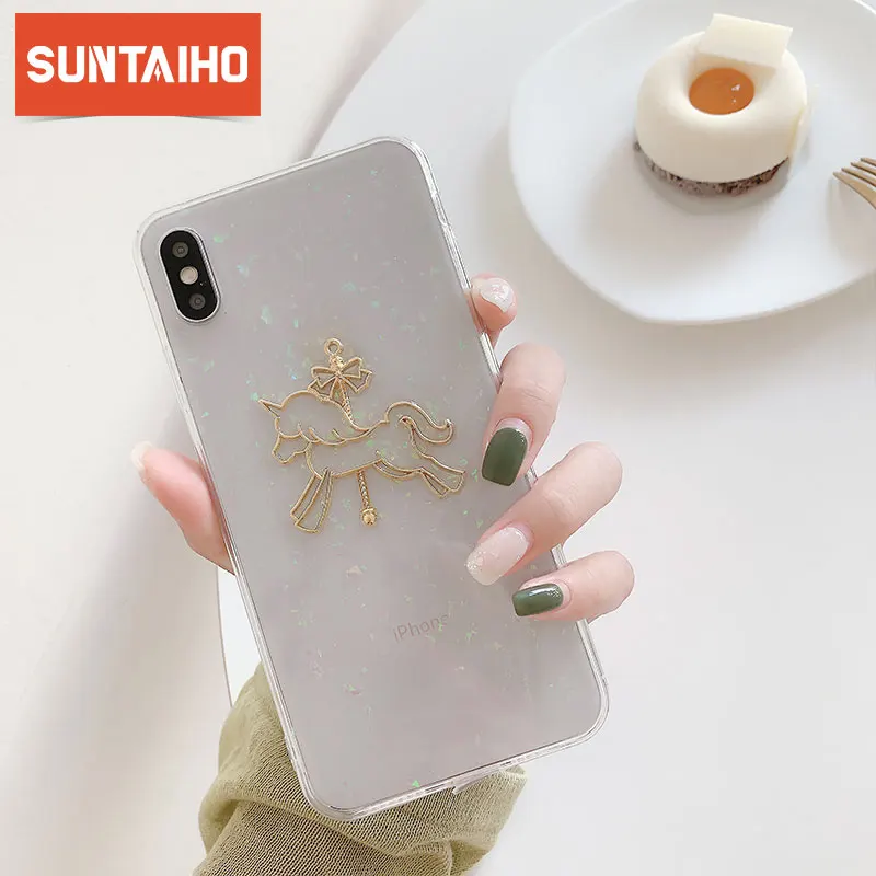 Милый Золотой карусель Прозрачный чехол для телефона iphone 7 8 6 6S Plus X XS MAX XR Блестящий Мягкий ТПУ силиконовый цветной Чехол для мобильного телефона