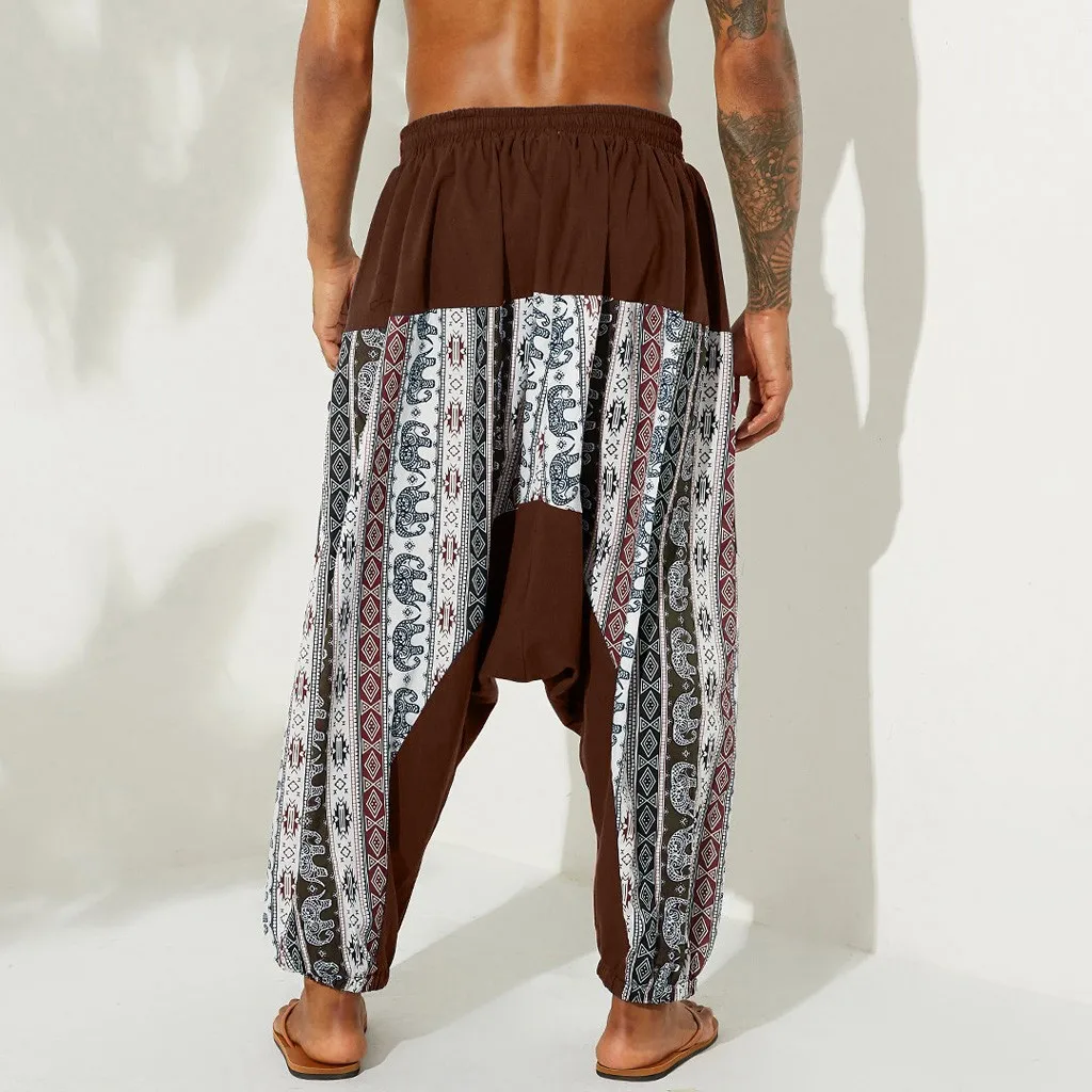 SAGACE Men's casual ethnic style retro printed cotton and linen loose bloomers loose breathable waist elastic band trousers hot