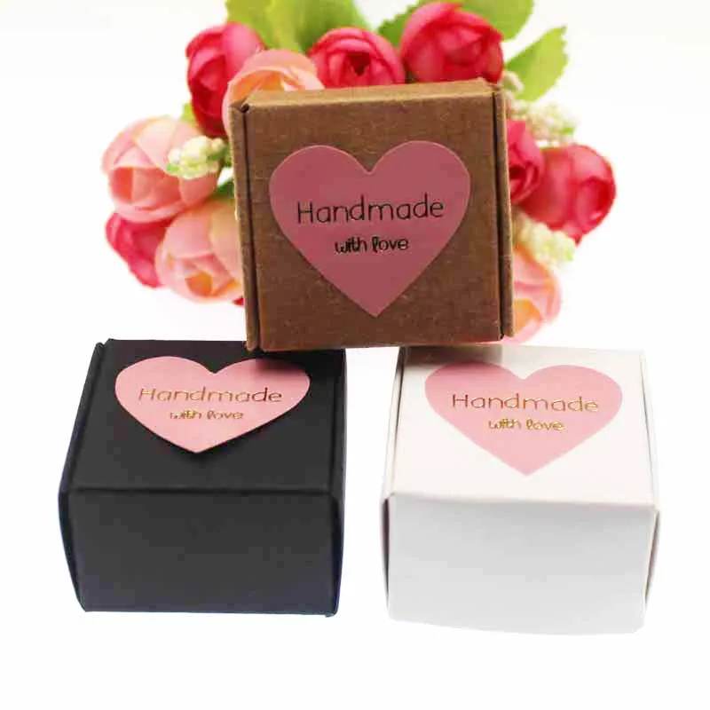 

50pcs kraft/white/black velvet sponge inside ring packing box with self seal sticker label for gifts / ring products decorative