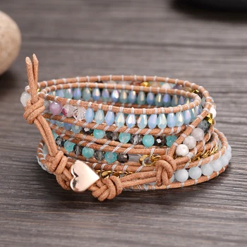 

Five Strands Amazonite Big Stones Wrap Bracelets Bangles Handmade Crystals Beaded Women Boho Jewelry