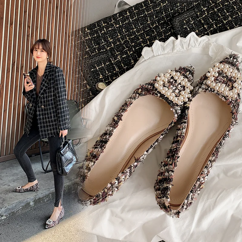 

2020 Spring New Style Small Fragrant Shoes Women's Leather Lining Work Shoes in Chunky Heel Pointed Pearl Square Buckle WOMEN'S