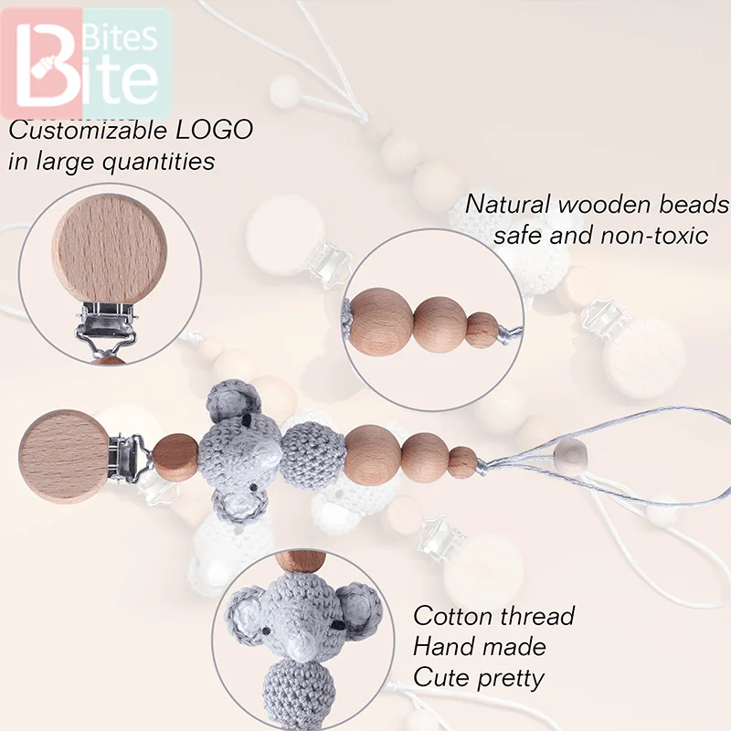 Baby Pacifier Chain Elephant Wooden Clip Geometric Crochet Beads Bag Wood Teether Tiny Rod Dummy Clips Baby Pacifier Holder 4