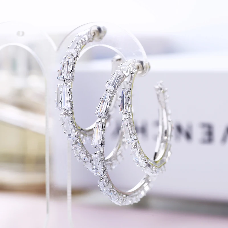 XIUMEIYIZU Новые Двойные серьги-кольца, металлические Родиевые круглые серьги, блестящие геометрические циркониевые женские ювелирные изделия, подарки