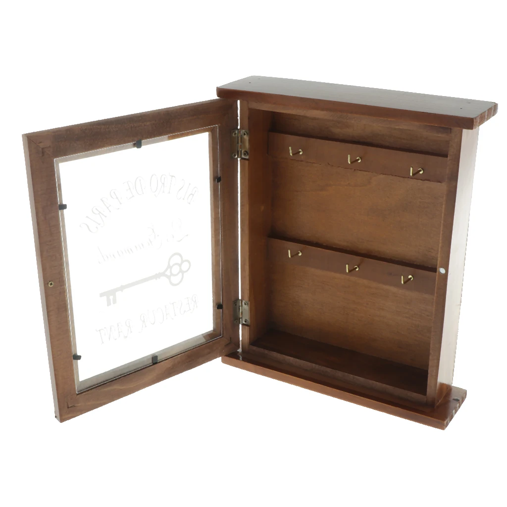 Pastoral Style Key Cabinet Wooden Key Holder Box Wall Mounted Decorative Key Rack with 6 Hooks for Home Office 21x6x25cm.
