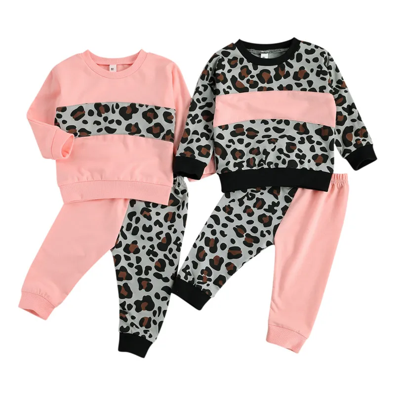 

0-4Y Fashion Children Tracksuit Leopard Printed Color Block Sister Matching Long Sleeve Pullover+Pants Patch Girl 2pcs Set