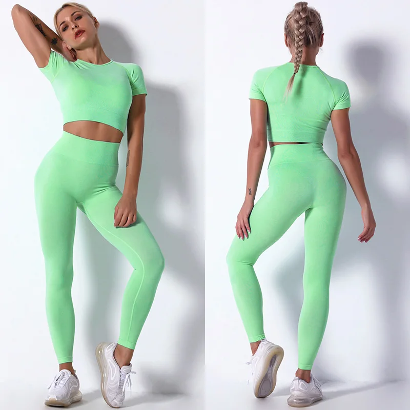 Women Yoga Set Seamless Fitness Suit Gym Clothing Shorts Workout Crop Top Sport Shirt Solid Pant High Waist Leggings Running Bra