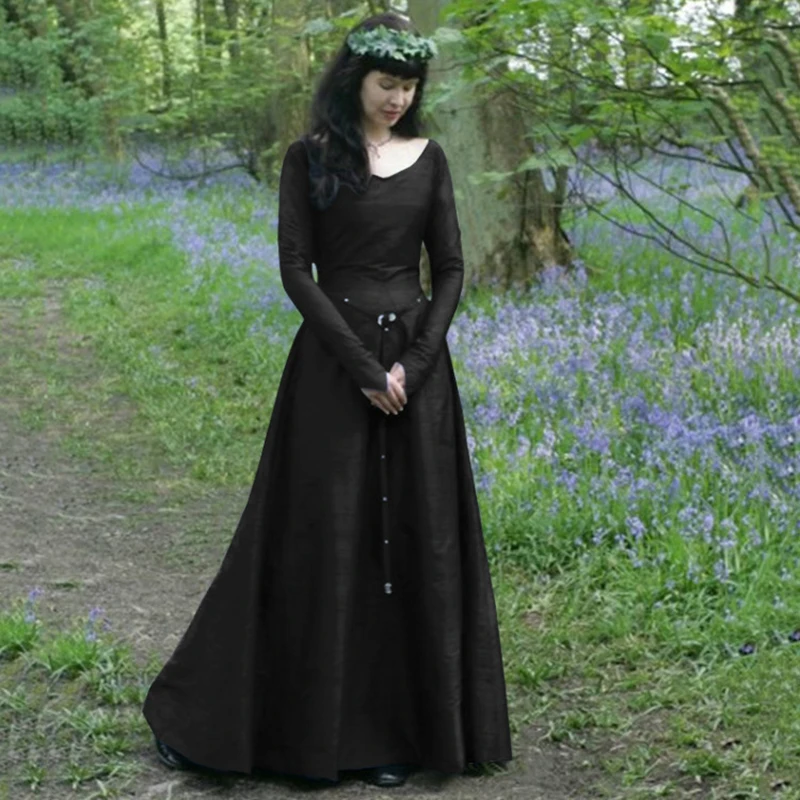 Вечерние платья классического средневекового Европейского центрального вечерние с длинными рукавами и круглым вырезом, обтягивающие женские платья синего цвета 5XL - Цвет: Черный