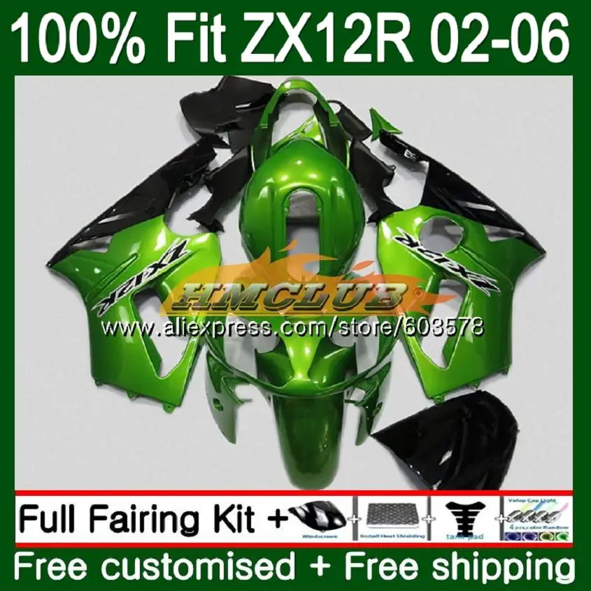 Инъекции для KAWASAKI ZX1200 ZX 12R ZX12R 02 03 04 05 06 114CL. 46 Металл Зеленый 1200CC ZX-12R 2002 2003 2004 2005 2006 обтекатели