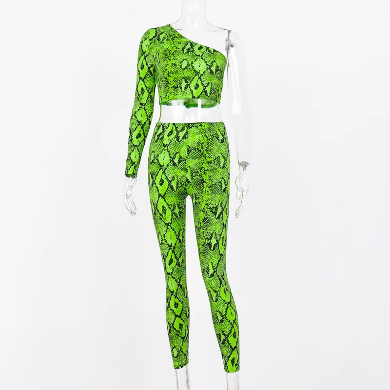 HAOYUAN Neon Snake Print Two Piece Set Women Tracksuit One Shoulder Crop Top Pant Suits Sexy 2 Piece Club Outfits Matching Sets