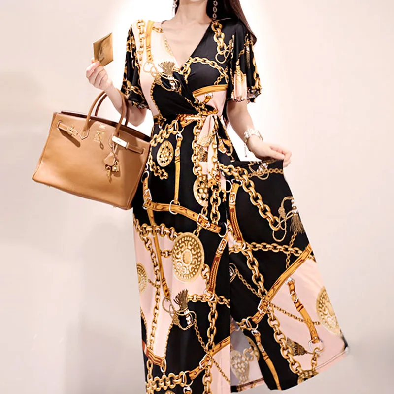 

Summer wear new han edition temperament v-neck with waist printed retro fashion dress dress female