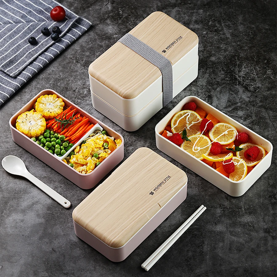 

Lunch Box 2 Layer Wheat Straw Bento Box Food Meal Fruit Sala Sushi Prep Container Kids Lunchbox Microwave Dinnerware with Spoon