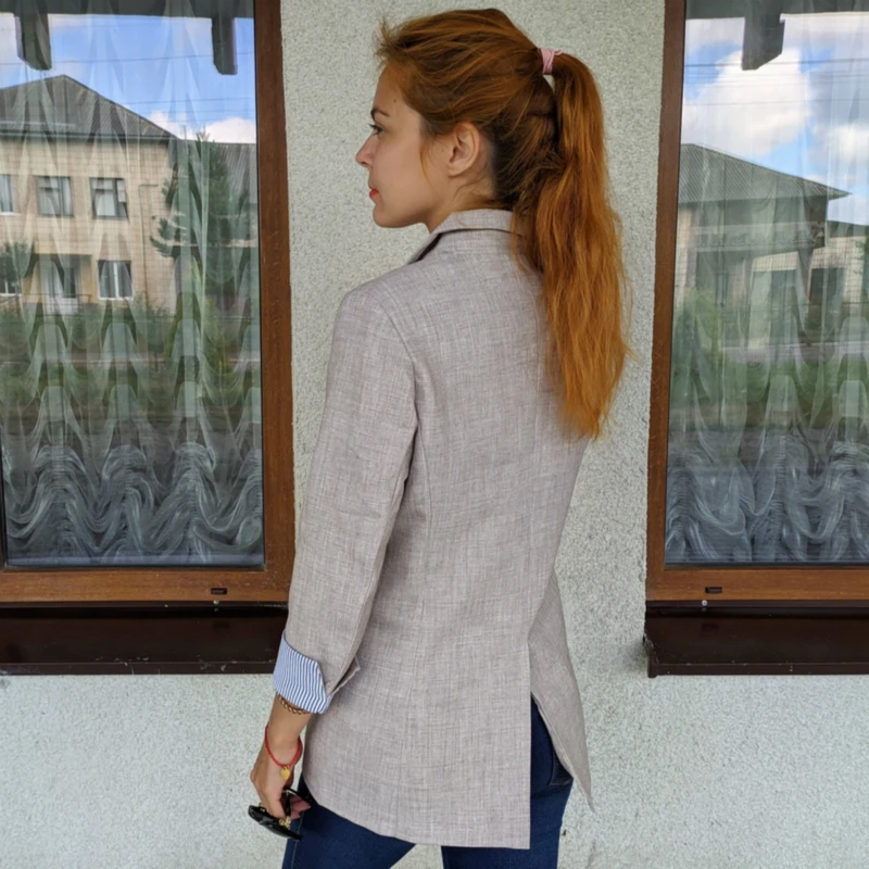 Women Blazer Oversize Khaki Black Casual Tops Autumn Spring Back Split Folded Cuff Single Button Long Sleeve Outwear