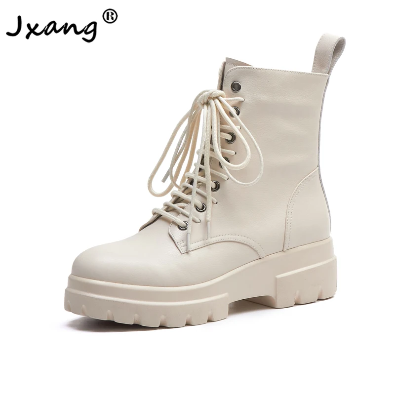 

JXANG Black White High Quality Cowhide Women ankle boots Lace up Thick bottom Platform Woman Ladies Chunky Motorcycle Boots