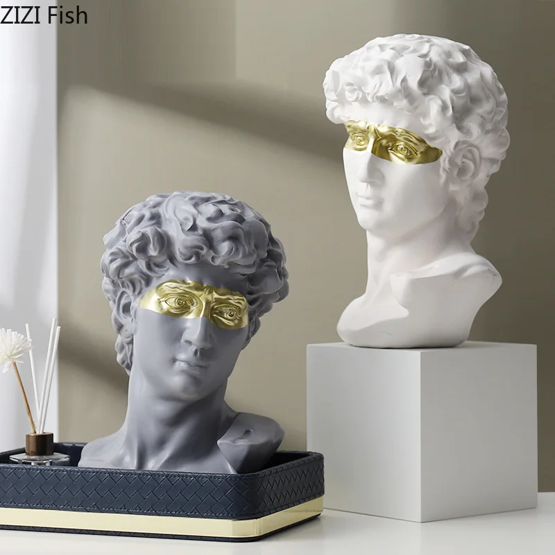 

Creative Golden Eye Mask David Sculpture Imitation Plaster Crafts Resin Figure Statue Figurine Table Top Living Room Decoration