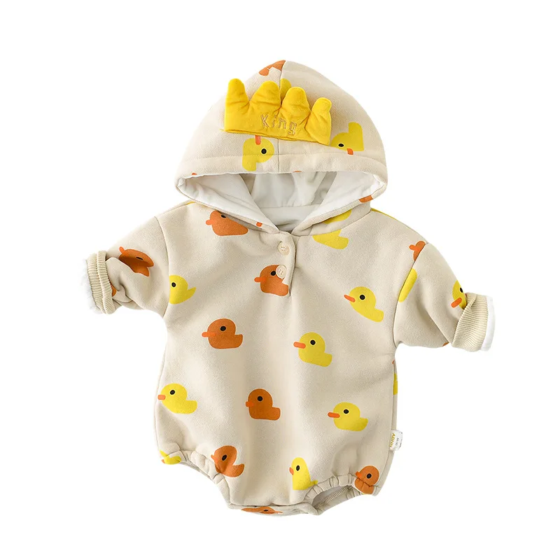 

Infant crown hooded long-sleeved thick plus velvet Bodysuit newborn baby boy clothes