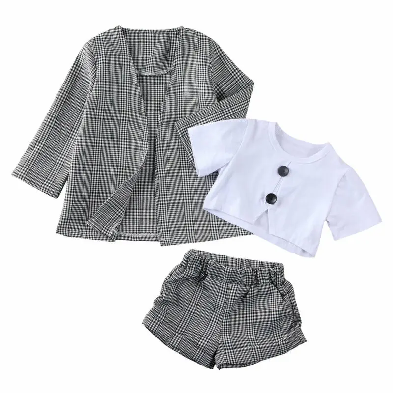 

1-6Y Infant Baby Girls Kids Clothes Sets Short Sleeve Tops Pants Plaid Coat Formal Outfit Clothes 3PCS