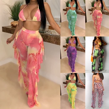 

Tie Dye Print Mesh Summer Beach Two Piece Set with Panties Women Sexy Bra Halter Crop Top Ruffle Wide Leg Pants Clubwear