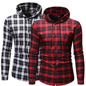 

Foreign trade European men's casual Plaid Hoodie Long sleeved shirt