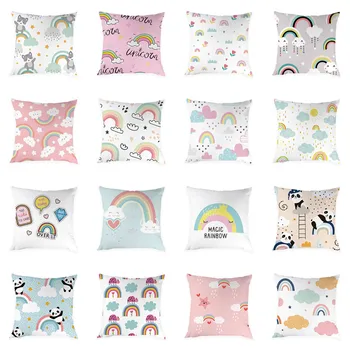 

Cute Cartoon Style Cushion Cover Sofa Office Pillow Covers Peach Skin Decorative Rainbow Pillowcase Home Decor 45*45cm