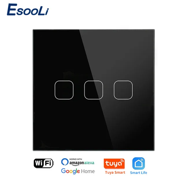 EsooLi Tuya Smart Life Glass Panel EU/UK Standard Touch Switch Zero/Single Fire Line Voice Control Light Wireless Wall Switch WIFI Black 3 Gang