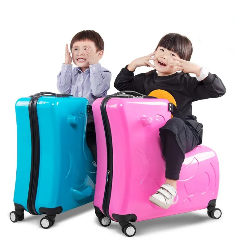 

Children's sit ride suitcase on wheels kids 20/24 inch slide rolling luggage travel wooden horse trolley case baby travel valise