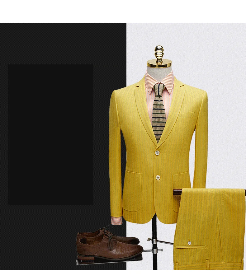 Полосатый мужской костюм с двумя пуговицами Желтый Повседневный деловой приталенный костюм homme из двух частей Свадебный Блейзер брюки terno masculino