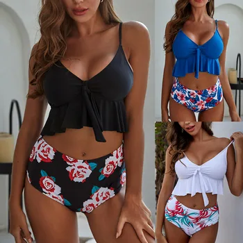 

Hot Sexy Women Printed Lengerie Push-Up Pad Underwear 2019 Fashion Ruffle Lady Bathing Suit Deep-V Brazillian Female Intimates
