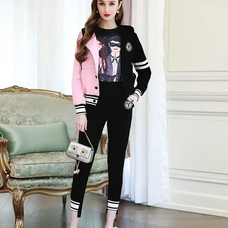 

Europe And America Women's 2018 Spring And Autumn New Style Hooded Baseball Uniform Coat + Stripes Harem Pants Sports Leisure Su