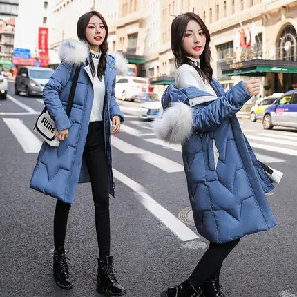Синий Kpop Женская одежда, женская зимняя парка, длинное черное пальто, модная пуховая хлопковая одежда, теплые хлопковые пальто, популярные женские пальто MK295 - Цвет: Синий