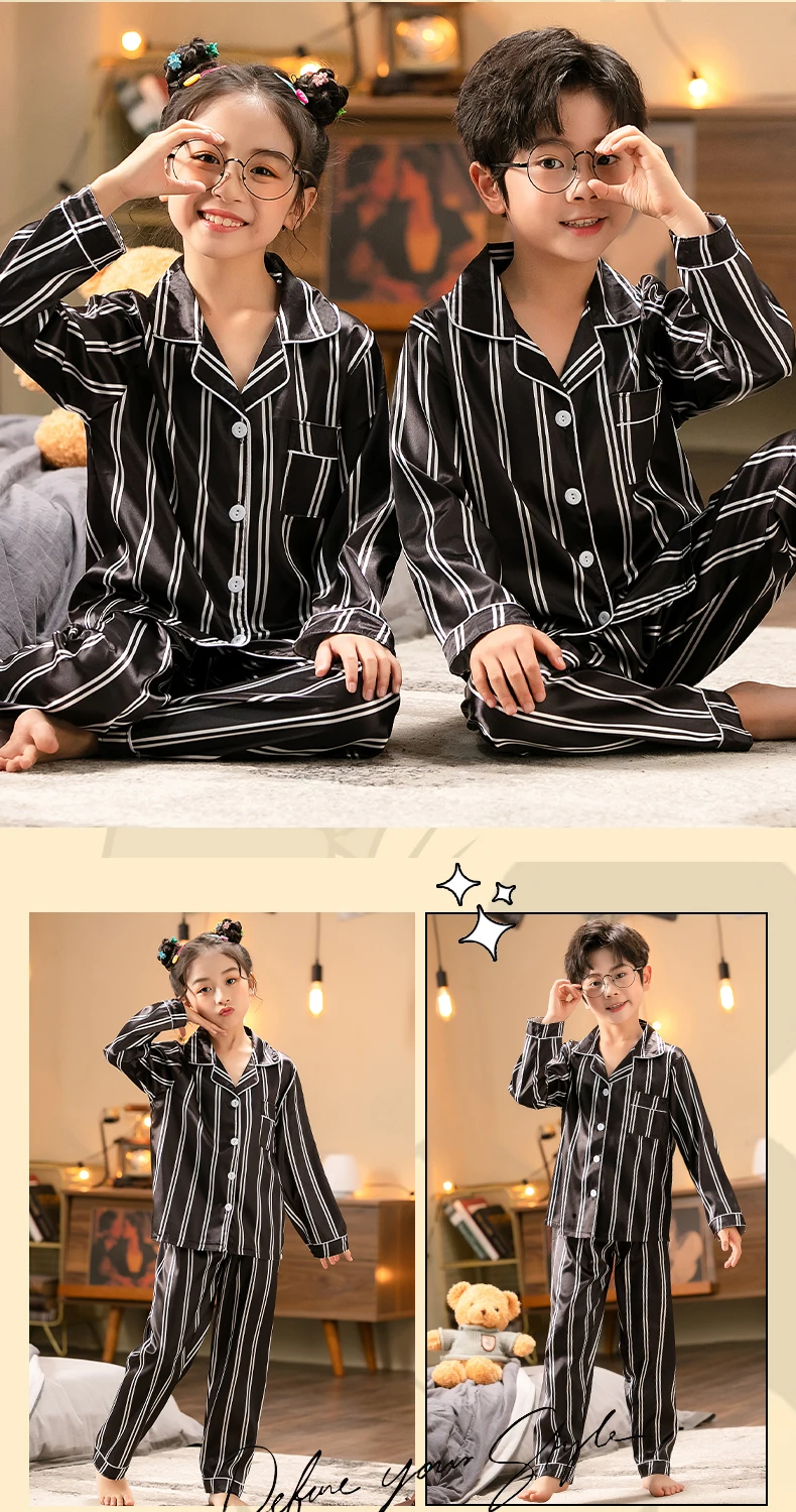 New Kids Homewear Silk Children Pajamas Set Night Clothes Satin Unisex Boys Casual Sleep Loungewear 3-12Yrs Stripe Pyjamas Set sleepwear for boy