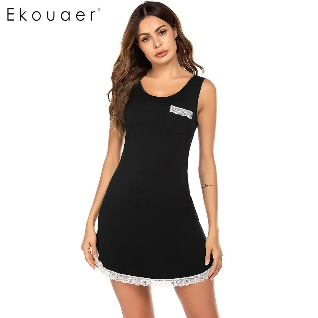 Ekouaer, летняя женская ночная рубашка, мягкая ночная рубашка, с круглым вырезом, без рукавов, с кружевами, в стиле пэчворк, ночная рубашка, домашняя одежда