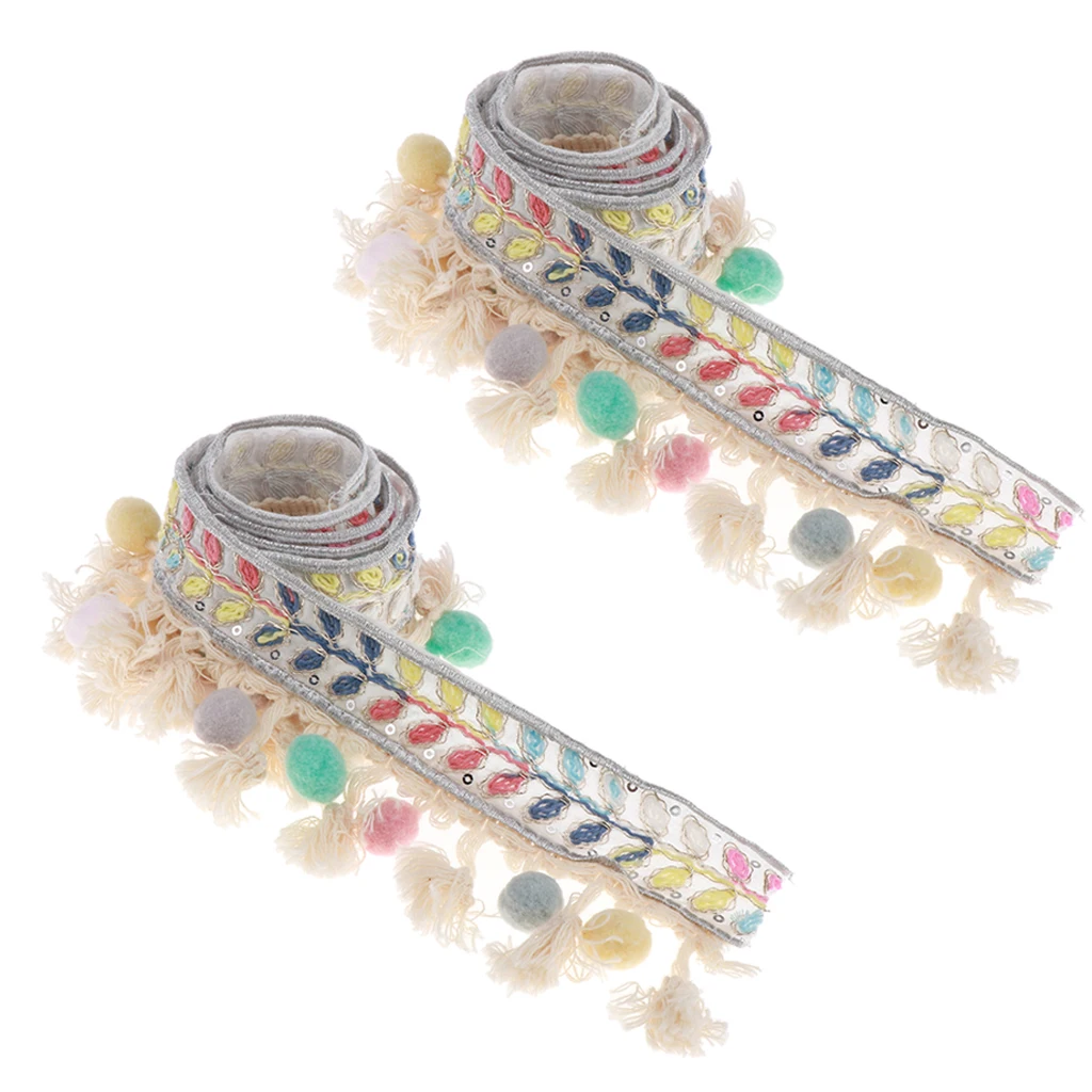 2 Yards Ethnic Style Ball Fringed Lace Jacquard Ribbon with Pompom Ball Trim