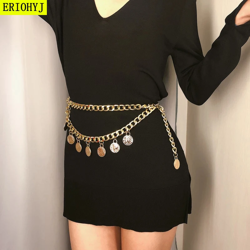 

ladies belt gold coin tassel Metal waist chain Belts for Dresses fringed Alloy Women thin belt Female Long Chains waistband H265