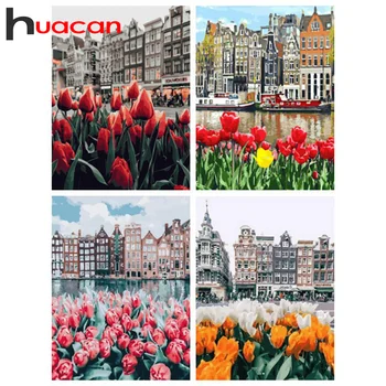 

Huacan Diamond Painting Kits Flower Decorations For Home Mosaic Tulip Embroidery Building Scenery Handmade Gift Diamond Art