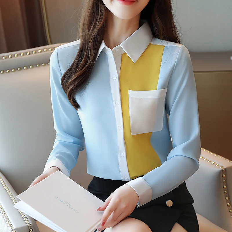  Korean Fashion Woman Chiffon Blouses Shirt Elegant Women Patchwork Blouses Shirt Plus Size Blusas M