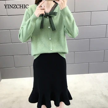 

Winter Basic Knitted Two-pieces Suit Lace Bow Loose Sweater Mermaid Half Skirt Sets Warm Knit Sweater Skirt Sets Casual New