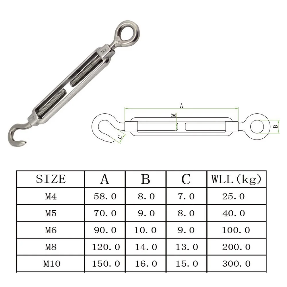 5PCS 304 Stainless Steel Turnbuckle Hook And Eye M4 M5 M6 M8 M10