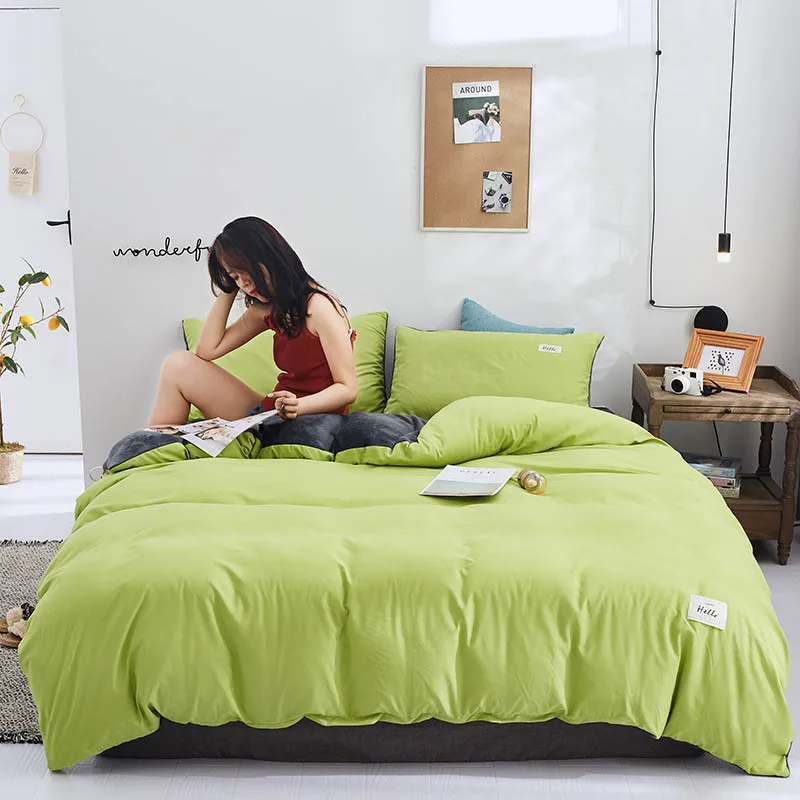 3pcs/4pcs Winter Warm Solid Color Yellow Grey Bedding Set Bed Sheet Quilt Cover and Pillowcases Set - Цвет: lake green