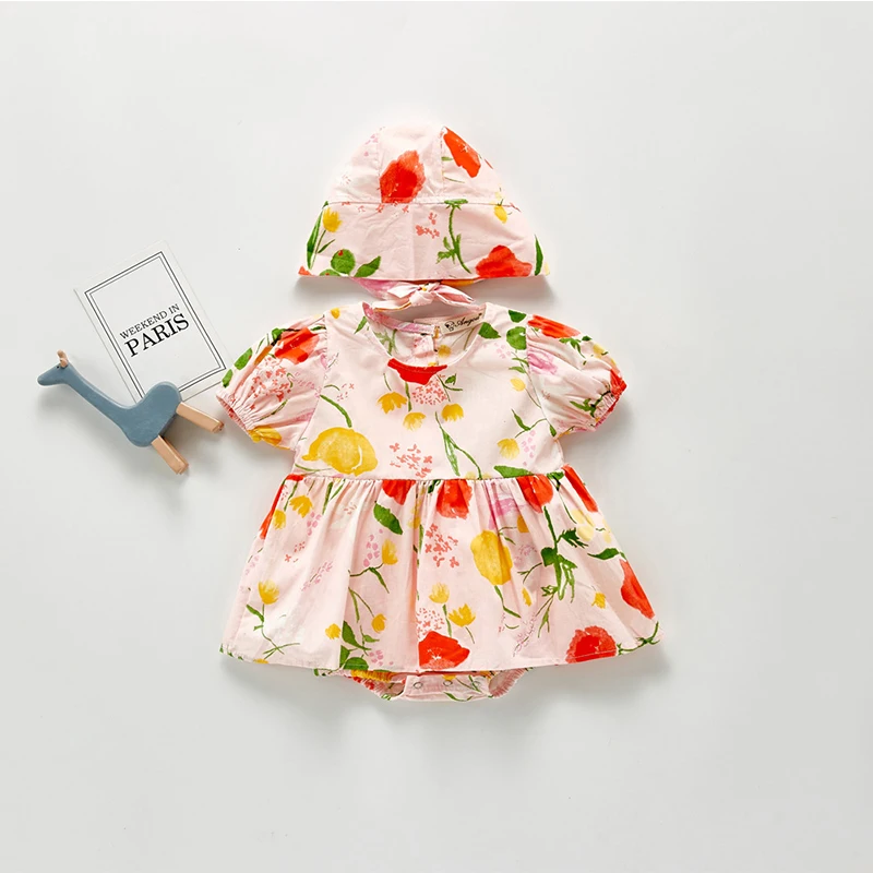 

Summer New Fashion Short Sleeve Baby Girls Dress Cute Flower Printed Infant Bodysuit Dress+Hat Set Baby Clothing Set Baby Outfit