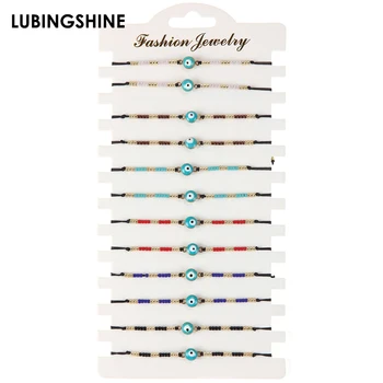 

12pcs/set Simple Color Beads Bracelets Set Blue Evil Eye Charms Bracelet Women Handmade Adjustable Black Braided Rope Bracelet