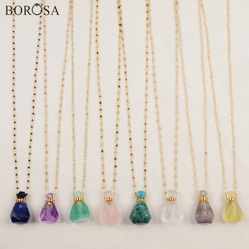 BOROSA Perfume Bottle Natural Multi-Kind Stone White Quartz Amazonite Amethysts 26inch Bead Chains Necklace Jewelry HD0091
