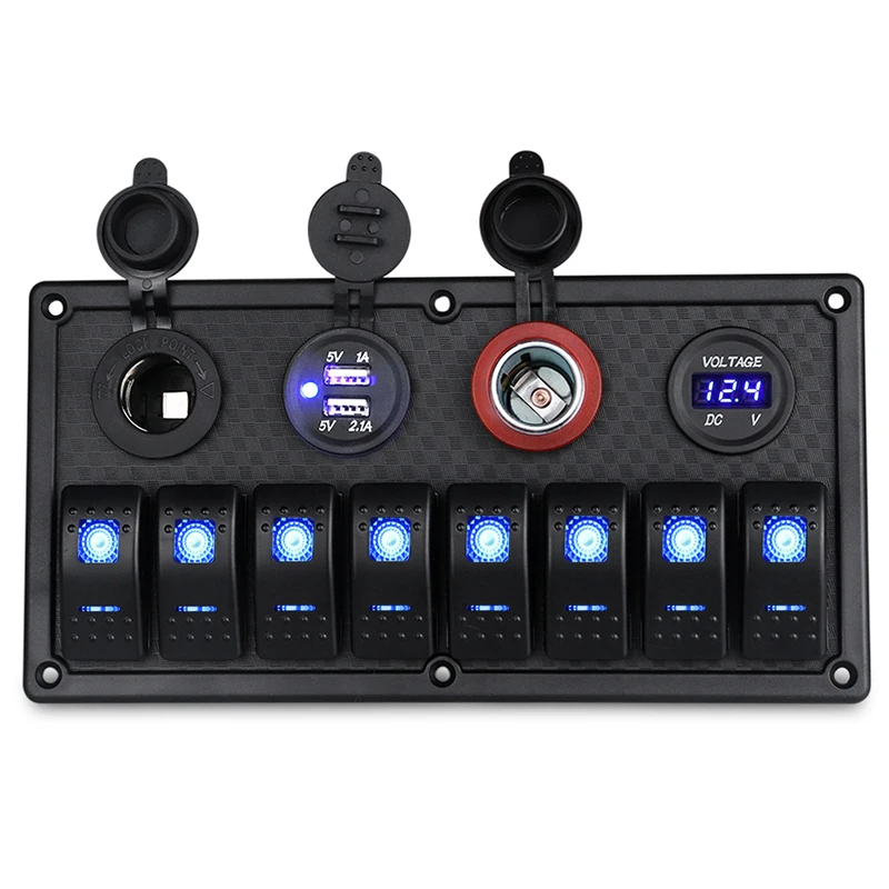 

12V/24V 8 Gang Marine Switch Panel On-Off + Dual USB Power Cigarette Lighter Socket Waterproof With Led Voltmeter USB Charging