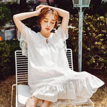 

Summer Vintage Princess Style Nightdress For Women Short Sleeve Pleated Hem Sleepwear Long Nightgown Female Home Sleep Clothing