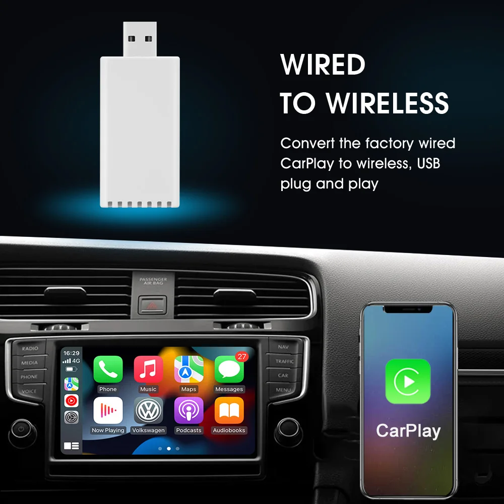 2021 New Wireless CarPlay Adapter for Factory Wired CarPlay Cars Support Mirror Link AirPlay Plug and Play Wireless Carplay Dongle for Apple iOS Type-C/Type-A Media Player Car Accessories