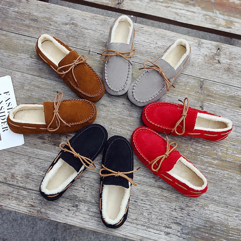 

New Style plus Velvet Warm Moccosins Women's Versatile Students Korean-style Slip-on Lazy Bow Foot Covering Flat Cotton-padded S